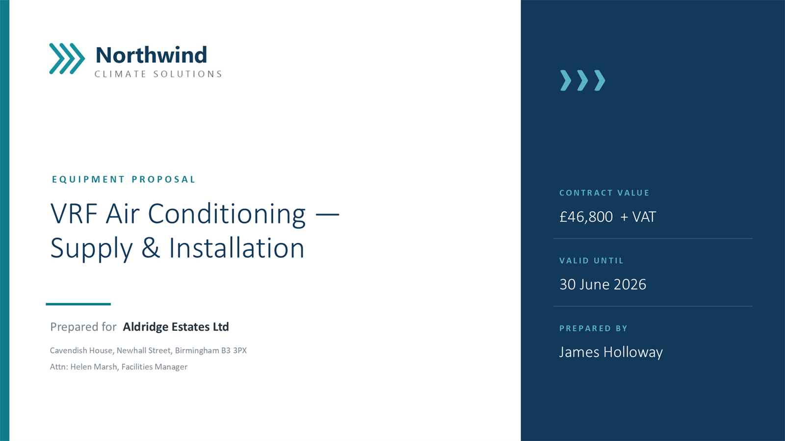 Branded cover slide with contract value and validity