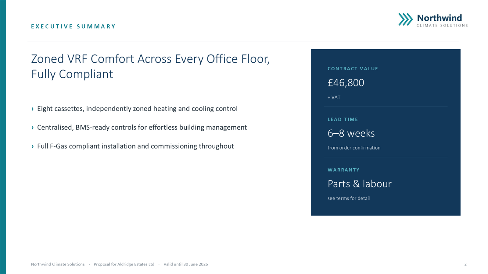 An auto-generated PowerPoint slide: an AI-written executive summary with a headline, three benefit bullets, and a contract-value panel, in the seller's brand