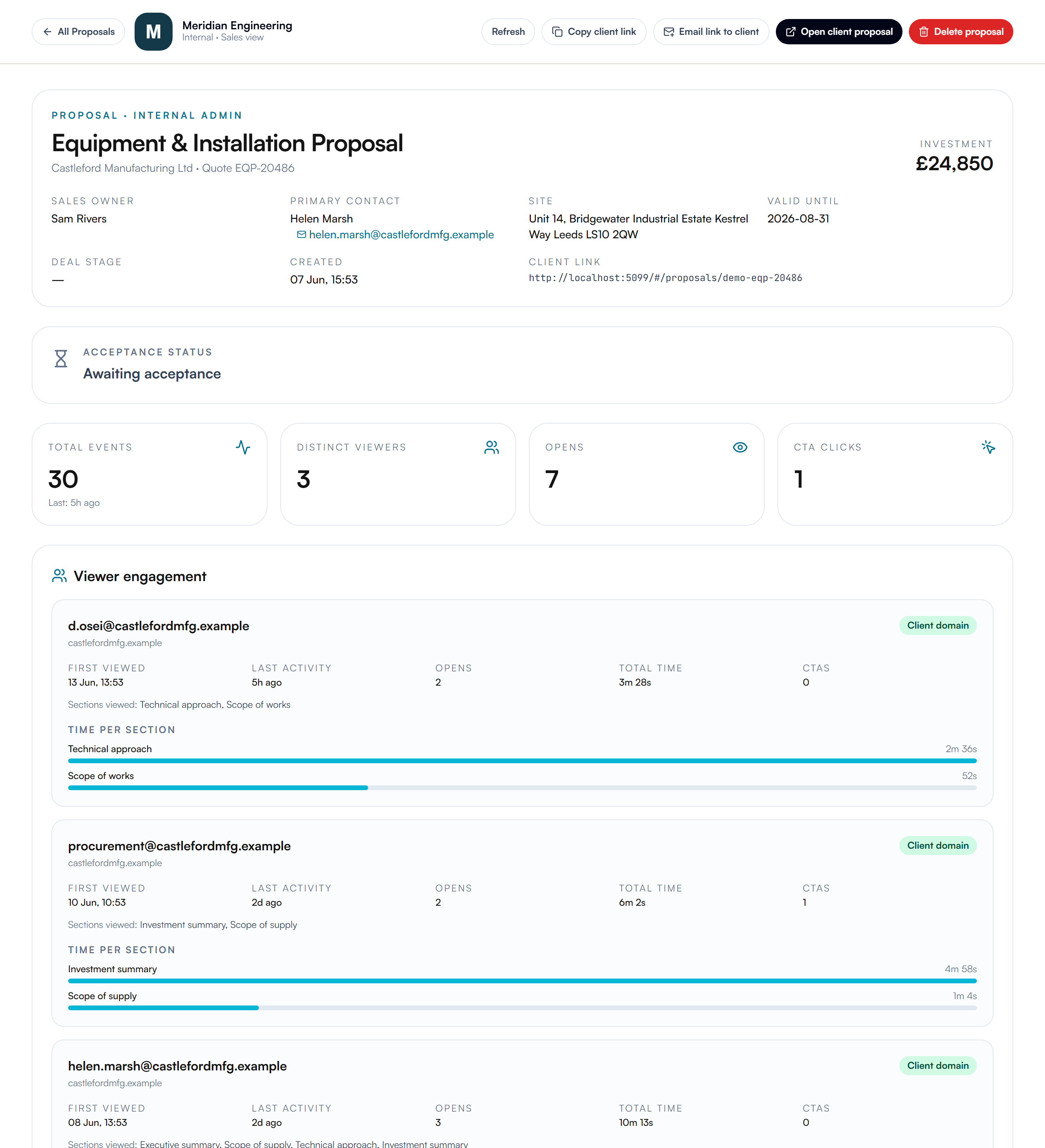 Proposal engagement dashboard: opens, distinct viewers, and section attention
